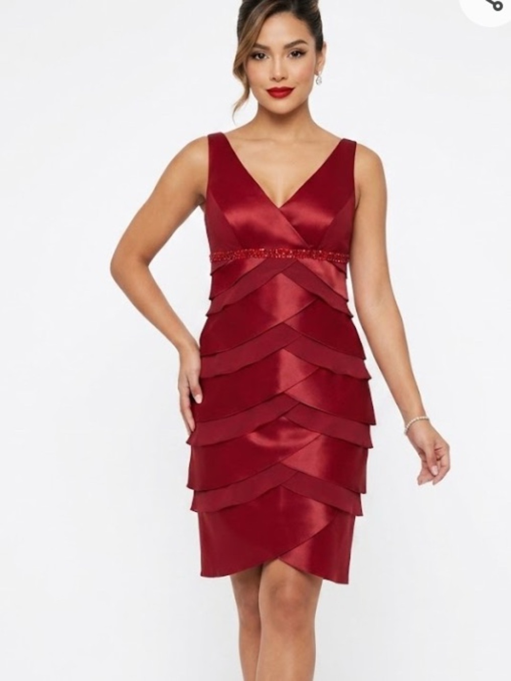 Alex Evenings Wine Red Satin Tiered V-Neck Cocktail Dress